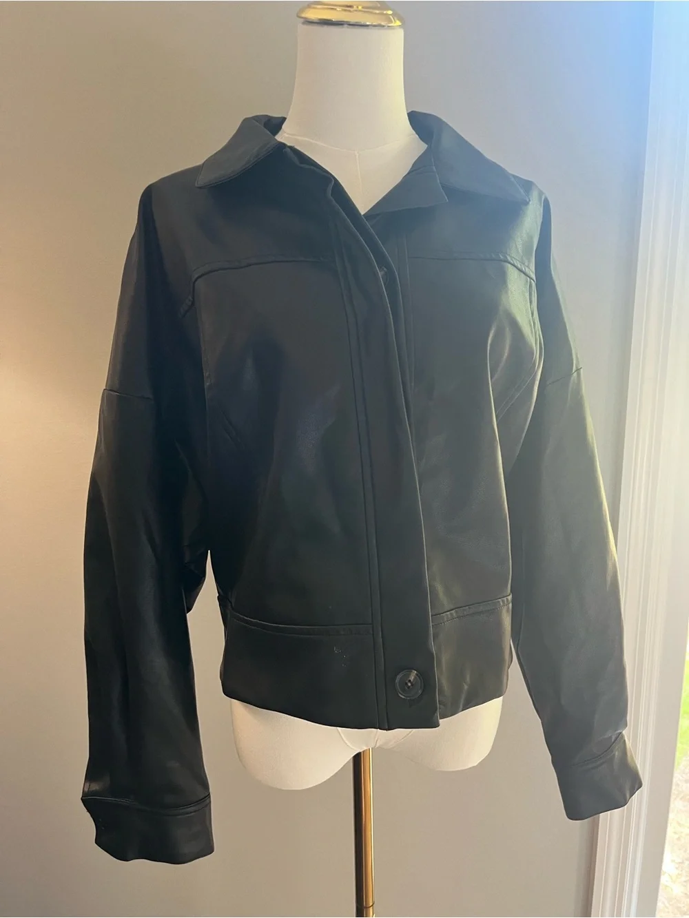 Black Faux Leather Zip-Front Jacket - Women Medium